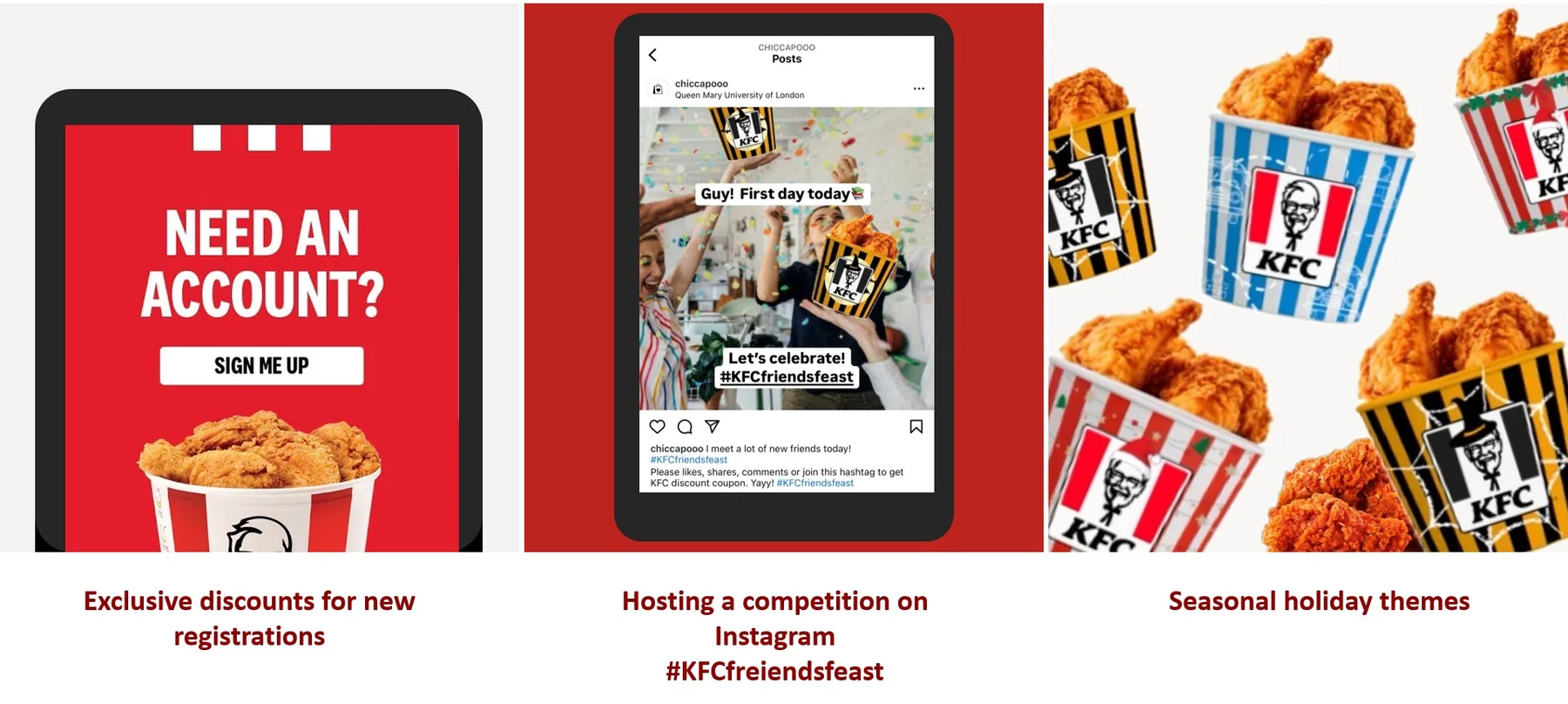 KFC campaign creatives: sign-up offer, Instagram competition and seasonal buckets